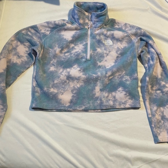 The North Face Women's Cowl Neck Blue and White Sweater cropped pullover - Picture 1 of 3